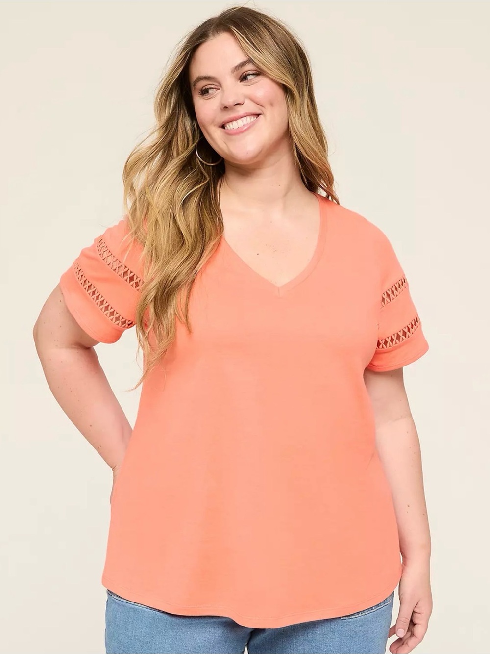 Lane Bryant Coral V-Neck Short Sleeve Top with Crochet Detail